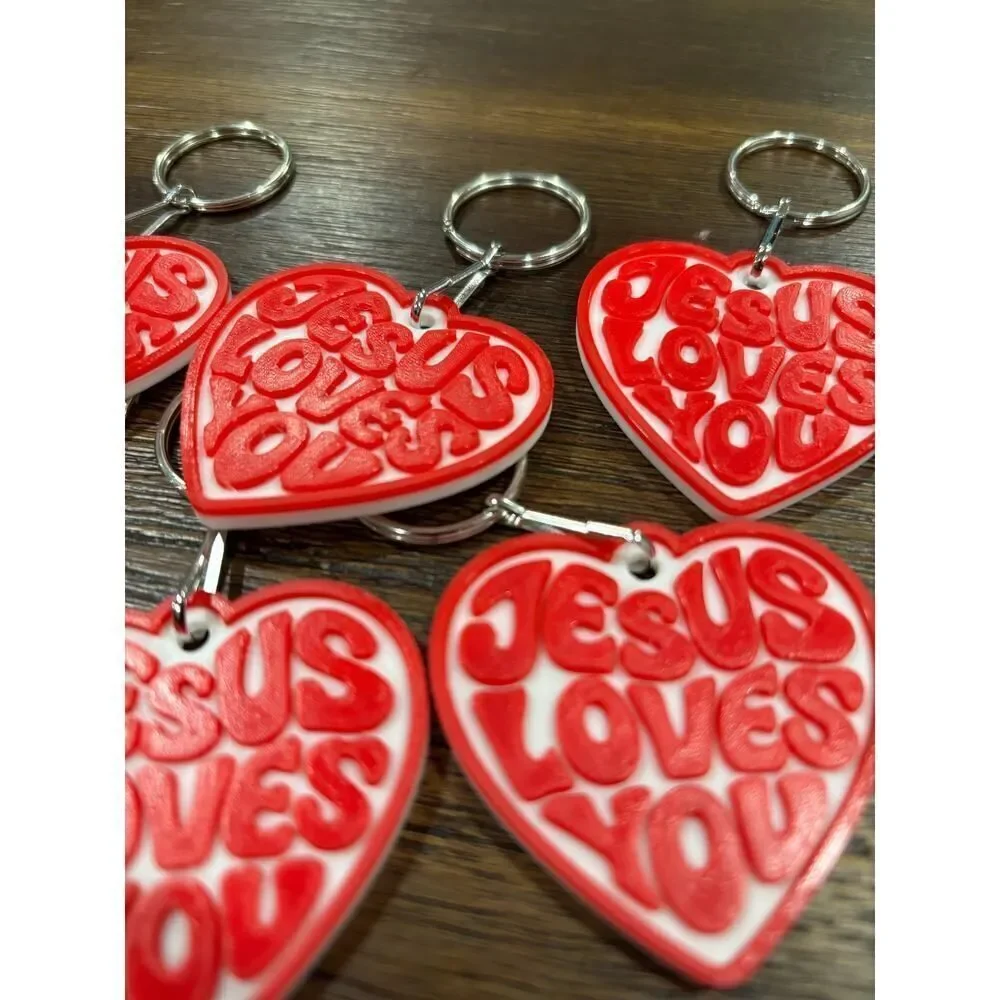 Jesus Loves You Heart Keychain | Red White Retro Christian Faith Gift (10 Pack)